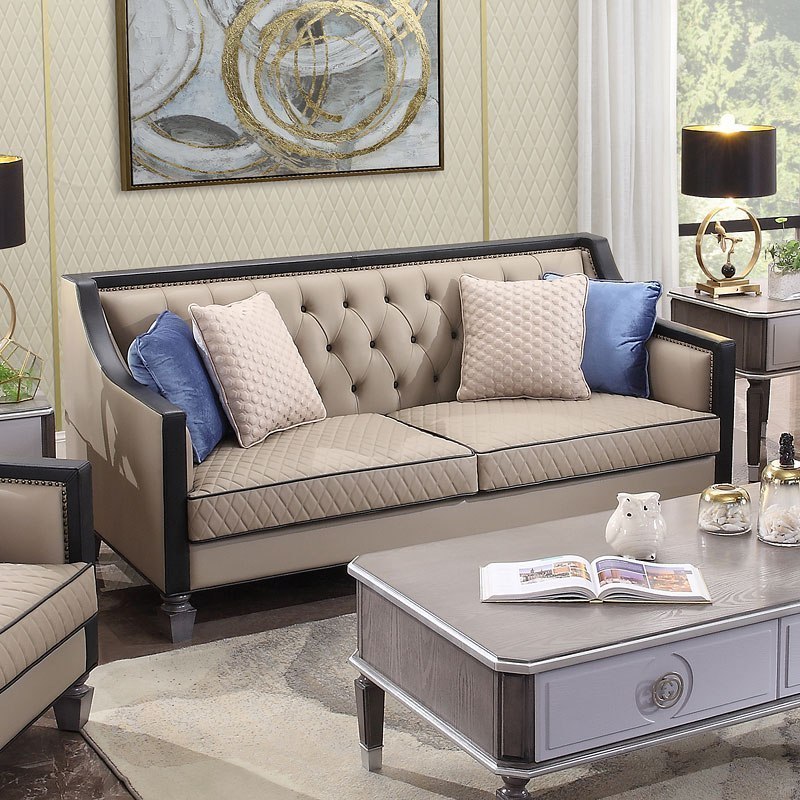 SOFA BEATRICE BOTONEADO CUERINA BEIGE